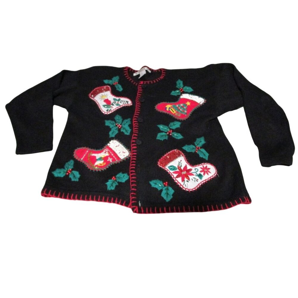 Vintage Victoria Jones Christmas Sweater Med Black Stocking Holly Applique GUC